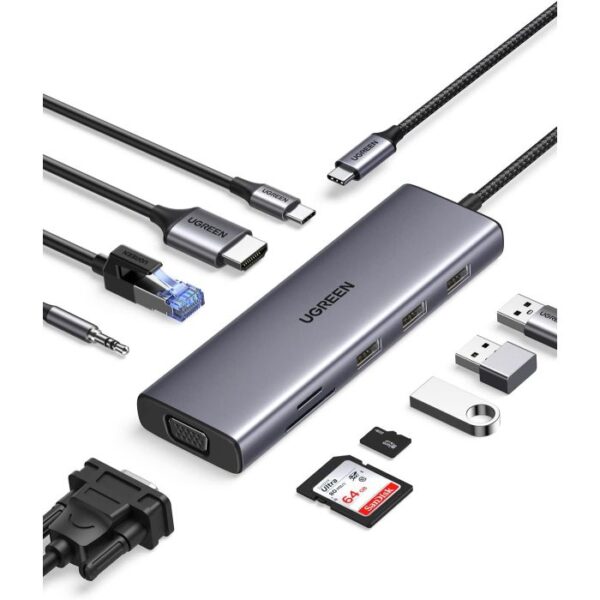 UGREEN USB C Hub, 10-v-1 USB-C z dvojnim izhodom za zaslon 4K HDMI & VGA, 100W PD