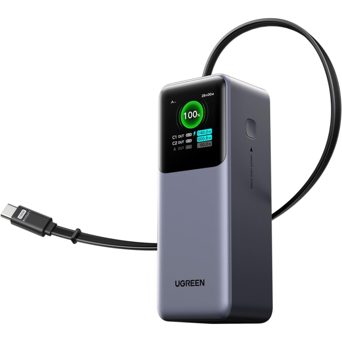 Ugreen prenosna polnilna baterija 20.000mAh, 165W s pametnim digitalnim zaslonom in vgrajenim kablom