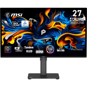 Zaslon MSI PRO MAX 271UPX12G / 67,3 cm (26,5") / 3840x2160 (UHD) / QD-OLED / 120Hz / 0.03 ms (GTG) / 250 nits / 1500000:1 / KVM / nastavljiv po višini